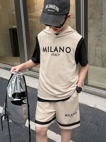 SHEIN Little Byeori 2件套 男童休闲韩版字母印花连帽短袖卫衣和纯色短裤套装 - 彩色 - 查看 4
