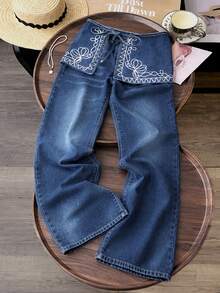 GlowEve Women's Floral Embroidery Knot Design Casual Versatile Daily Wear Denim Jeans - Blue - View 3