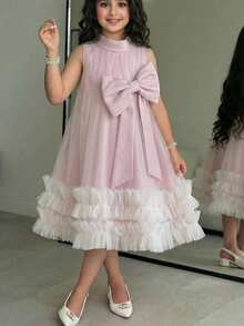 SHEIN 女童纯色撞色网纱荷叶边下摆无袖连衣裙 - 粉色 - 查看 2