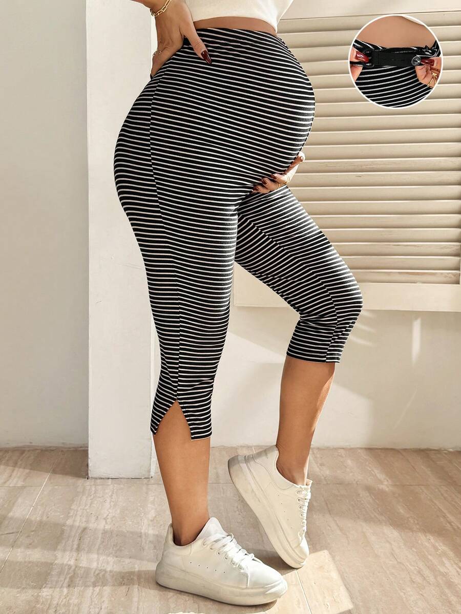 Maternity Casual Striped High Waist Leggings, Spring/Summer - Black and White - View 1