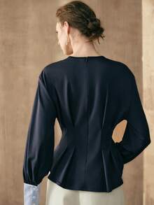 Arave 女士收腰落肩褶皱拼接设计休闲通勤衬衫 - 藍色 - 查看 5