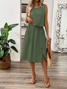 EMERY ROSE Ensemble 2 pièces top sans manches et jupe de couleur unie minimaliste pour femmes - Vert - Voir 6