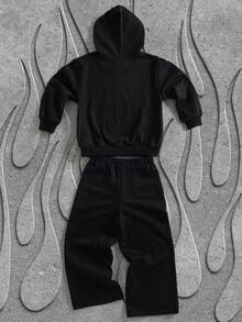 SHEIN HOT STUFF Young Boy Cartoon Pattern Hooded Long Sleeve Sweatshirt And Sweatpants Casual Set - Black - View 2