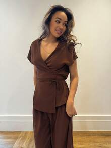 RebeccaVibe Women's Elegant Wrap Batwing Sleeve Blouse And Loose Wide Leg Pants 2 Pieces Set, Woven Apricot, For Summer Outing, Dating, Vacation - Coffee Brown - View 3