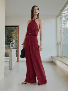 Nöista Jumpsuit With A Halter Neck Top , Detail Stone Beads On Neck, Paired With High-Waisted, Wide-Leg Pants. Spring, Summer, Boho, Festival, Jumpsuit, Total Look, Easter. - Red - View 3