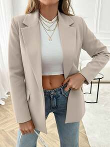 EURMUSE Women Solid Color Long Sleeve Button Detail Front Blazer Jacket - Beige - View 1