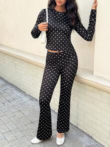Aidyla 2pcs Black Background White Polka Dot Long Sleeve Fitted Casual Women Set - Black and White - View 6