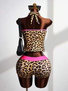 Zestiva 女士性感欧美音乐节派对大胆前卫夏季海滩度假数字豹纹撞色滚边挂脖式吊带泳衣 - 彩色 - 查看 2