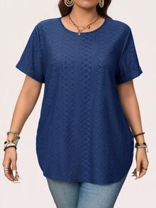 SHEIN LUNE Plus Size Women's Ribbed Knit T Shirt,Short Sleeve Round Neck Solid Blue Top,Everyday Smart Casual Elegant Blouse For Summer Autumn New Arrivals - Royal Blue - View 4