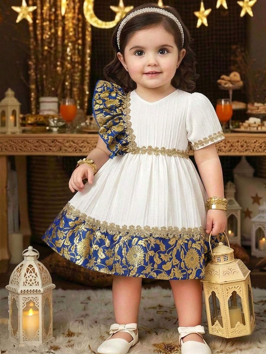 Baby Girls Blue A Line Dress V Neck Half Puff Sleeve Short Flared Holiday Style Polyester With Plants Pattern And Zipper Detail - Blue - View 1