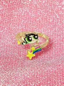 THE POWERPUFF GIRLS X SHEIN Cross-Border Hot-Selling Zinc Alloy Cartoon Pattern Printing Ring, Niche High-End Sense, Simple And Cute, Suitable For Various Parties, Concerts, Festivals - Gold - View 1
