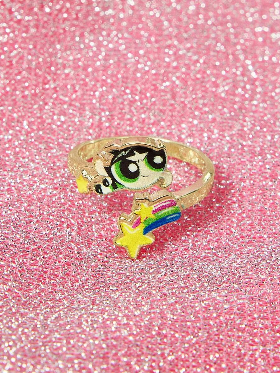THE POWERPUFF GIRLS X SHEIN Cross-Border Hot-Selling Zinc Alloy Cartoon Pattern Printing Ring, Niche High-End Sense, Simple And Cute, Suitable For Various Parties, Concerts, Festivals - Gold - View 1