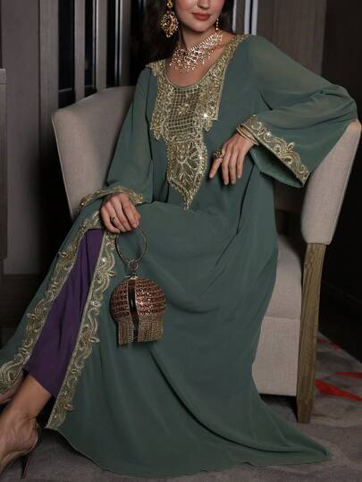 Al Najma 休闲纯色雪纺金色贴花装饰长袖宽松长袍，适合春秋季穿着，土耳其和阿拉伯传统风格