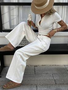 DAZY 女士休闲宽松水洗阔腿牛仔裤，秋季款 - 米色 - 查看 6