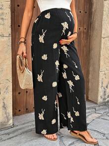 SHEIN 孕妇可调节腰围刺绣休闲裤 - 黑色 - 查看 3