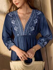 Selenza Women's Floral Embroidery Deep V-Neck Long Sleeve Sexy Denim Dress - Blue - View 1