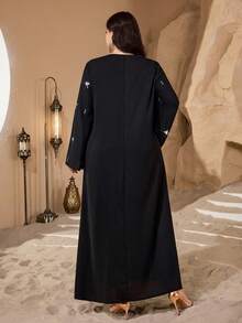 Al Najma Vestido holgado con cuello en V, manga larga y adornos de strass, de tela brillante y cómoda, adecuado para mujeres de talla grande - Negro - Ver 3