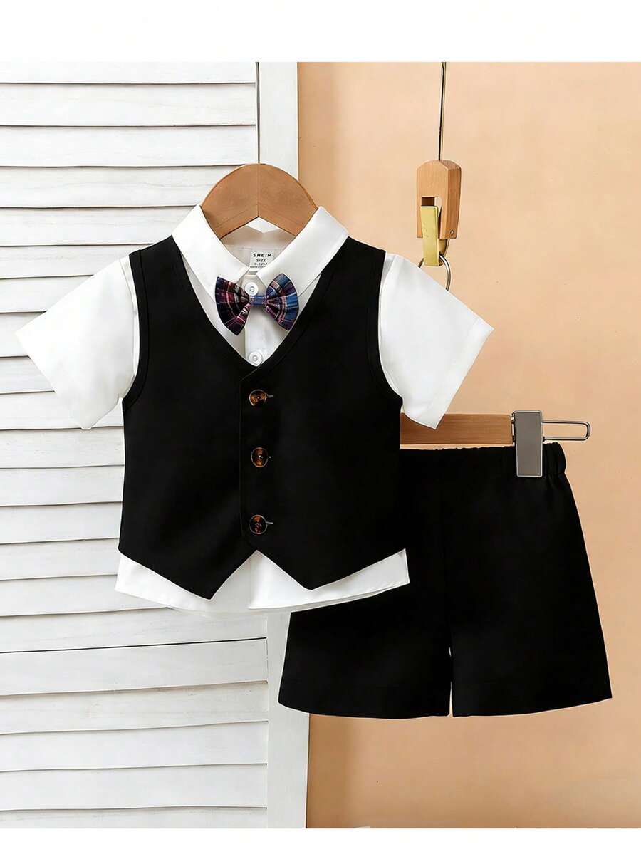 SHEIN Bộ đồ 3 món cho bé nhân Ngày của Mẹ đầu tiên - Áo ba lỗ, nơ bướm và quần short. Áo ba lỗ màu đen nhạt với chi tiết cúc trang trí, đi kèm với nơ bướm nhỏ nhiều màu. Quần short cũng màu đen nhạt để ton sur ton với áo ba lỗ. Thích hợp cho các dịp lễ của trẻ em như đám cưới nhỏ hoặc các buổi biểu diễn của trẻ. - màu đen - Xem 1