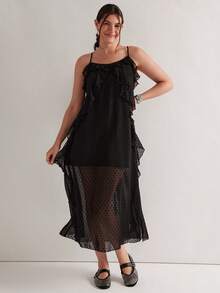 Freevana 大码女式波点印花荷叶边吊带连衣裙，度假夏季黑色连衣裙，浪漫荷叶边乡村风西部风海滩度假机场街头风黑色夏季连衣裙，女式黑色薄纱连衣裙 - 黑色 - 查看 6