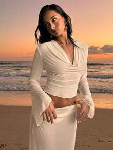 Aloruh Dam Nytt Chiffong-set med omslag, sexigt och elegant, semesteroutfit, enfärgat, aprikosfärgat, strandkläder, 2-delat set, urringad, långärmad topp + midikjol med låg midja och a-linjeform. - Aprikos - Visa 4