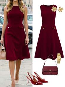 Ellevyn Angola Red Sleeveless Waist Cinched Dress, Elegant For Commuting, Office Dress - Burgundy - View 6