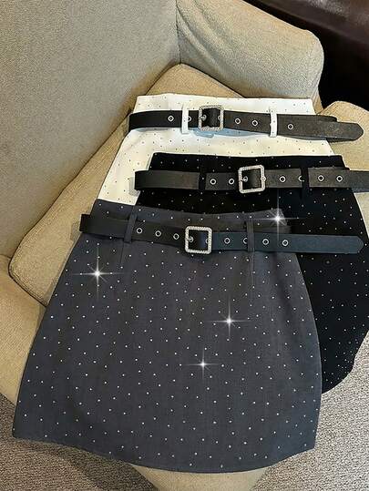 Franclia Women's Casual, Daily, Party, Commute, Afternoon Tea Short Skirt, Grey With Sparkling Rhinestones, Suitable For Spring/Summer