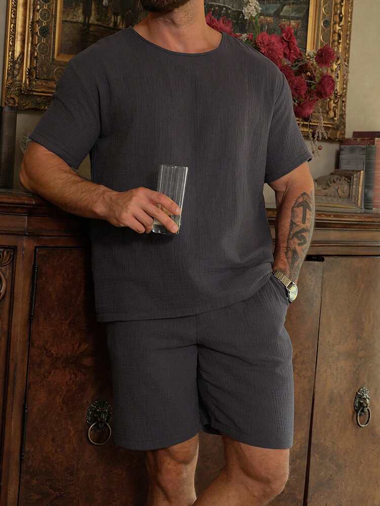 Grey Short Sleeve T-Shirt Paired With Shorts, Men's Summer Pajama Set
