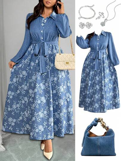 Vionelle Plus Size Women French Style Casual Elegant Jacquard Long Sleeve Dress, Autumn/Winter Denim Dress For Curv Woman Blue Floral Dresses Dusty Blue Women Dress Long Sleeve Denim Dress Denim Plus Size Dress Blue Jean Dresses Modest Dress