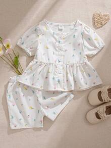 Souflis Souflis Bộ 2 món cho bé gái: Áo cổ tròn tay phồng viền bèo và quần short, kiểu Pháp, dễ thương và thoải mái, thích hợp cho đi chơi, đi học và nhiều dịp khác. - Nhiều màu - Xem 6