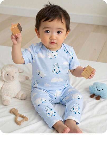 SHEIN 新生男宝宝可爱卡通图案短袖上衣和长裤套装，夏季