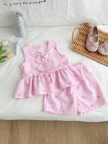 Genkimix Kids Conjunto de 2 piezas de top sin mangas con volantes y lazos a cuadros, y shorts para niña, para verano - Rosa - Ver 3