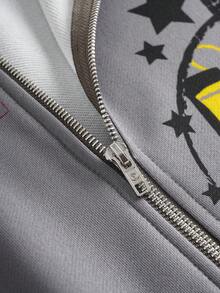 MTV | SHEIN 女士字母火焰印花连帽拉链长袖卫衣 - 灰色 - 查看 8