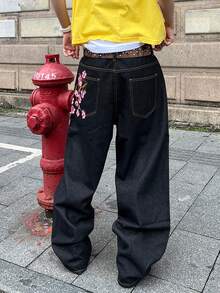 STEELVANCE 男士加大码复古花卉刺绣宽松阔腿休闲牛仔裤，时尚百搭 - 黑色 - 查看 7