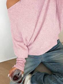 Sunnyshic Áo len dệt kim màu trơn, hở vai, gợi cảm, cỡ lớn - Hồng - Xem 6