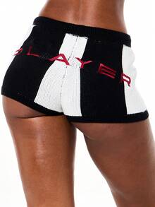 SUMWON WOMEN Quần short bó sát kiểu bóng đá dệt kim kẻ sọc với các mảng phối màu tương phản và chi tiết logo, thích hợp cho trang phục thường ngày, phong cách đường phố, mặc nhà mùa thu đông. - Đen và trắng - Xem 2