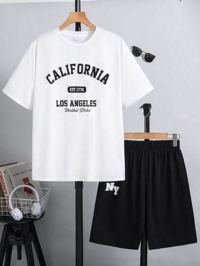 SHEIN 2pcs/Set Teen Boy Casual Minimalist City Name Print Crew Neck Short Sleeve T-Shirt And Shorts, Summer Set Suitable For Spring/Summer , Daily Wear, Sports, Outings, School, Parties, Festivals, Photoshoots