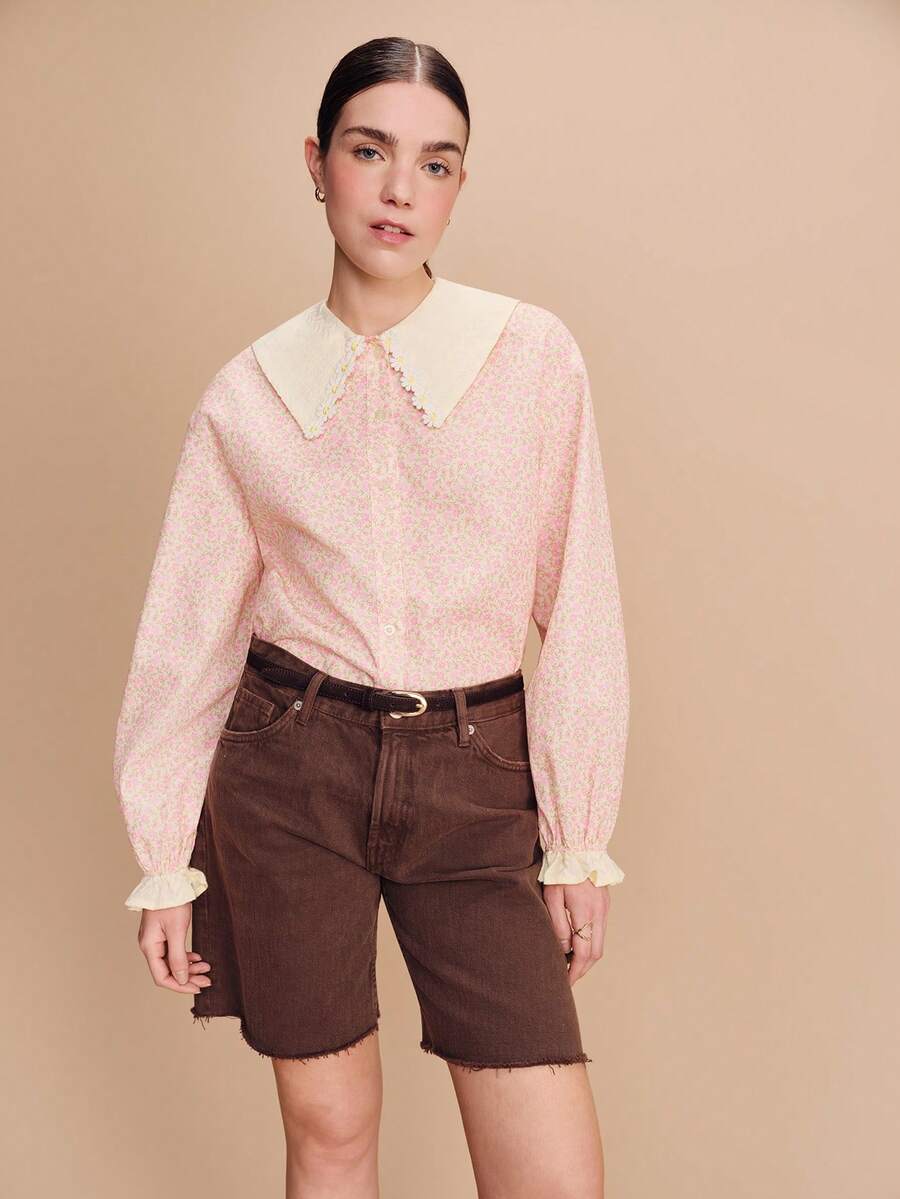 lacRébo 浅黄色碎花衬衫，饰有雏菊滚边和纹理面料 - 彩色 - 查看 1