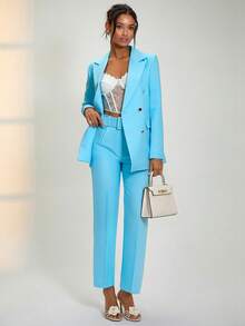 RueChic Bộ vest nữ màu xanh nhạt hai hàng cúc với ve áo xẻ và khuy trang trí, kết hợp với quần ống đứng cạp cao. - Màu xanh nhạt - Xem 5