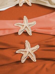 Swim Oasis Plus Size One-Piece Swimsuit, 2pcs Set, Multicolor Metal Starfish Decor, Minimalist Design, Women Summer Beach Vacation Outfit - Orange - View 6