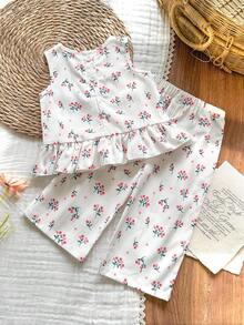 Vintaside Kids 2pcs/Set Baby Girl Casual Cute Bow Sleeveless Top And Pants Set - Red - View 2