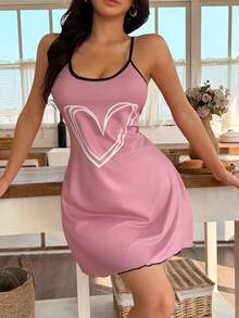 Dream Adore Heart Print Pink Knit Camisole Short Nightgown - Multicolor - View 3