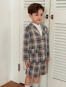 DAZY 男童绅士格子印花单排扣西装外套和短裤 - 卡其色 - 查看 7
