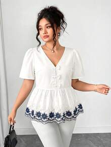 Elenzga 大码撞色圆点印花无袖宽松衬衫，荷叶边装饰，优雅百搭，适合休闲、工作、约会、派对等场合。 - 白色 - 查看 3