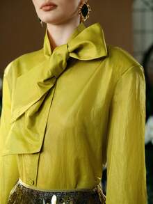 Arave 女士尼龙纯色衬衫，系领设计，适合现代派对、通勤、休闲穿着，宽松肩部剪裁 - 綠色 - 查看 4