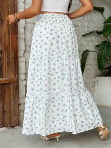 SHEIN Maternity Summer Casual Flowy White Blue Floral Midi Skirt,Holiday Baby Shower Elastic Waist Extra-Wide Gathered Long Skirts For Pregnant Women - Blue and White - View 7