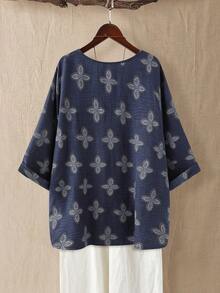 Linhara Plus Size Women's Early Spring Blue Linen Texture Casual Loose Shirt - Blue - View 2