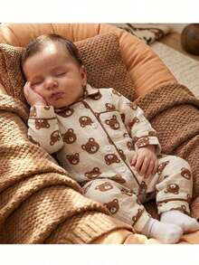 Newborn Baby Girl Casual Cute Cartoon Pattern Color Block Long Sleeve Romper Newborn Layette Set Newborn Baby Pajamas Woodland Baby Clothes Baby Bear Outfit Baby Bear Romper - Khaki - View 3