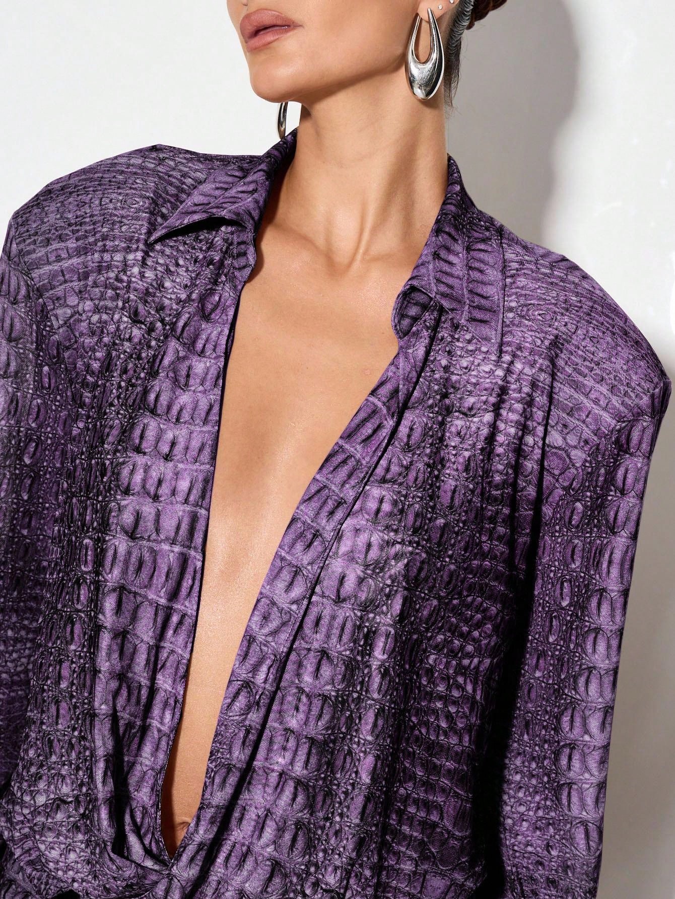 KIZN Textured Scale Print Bodysuit With Mesh Panel Collar