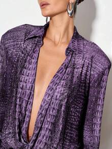 KIZN 天鹅绒纹理鳄鱼鳞片网眼拼接紧身衣，深 V 领，长袖，复古时尚派对晚会装，个性单品 - 紫色 - 查看 4