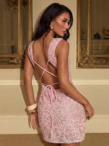 SHEIN Glamour Nuevo vestido elegante con tirantes bordados de lentejuelas de punto, espalda con cordones, ajustado, kawaii, hippie, rosa bebé, sin espalda, elegante para mujeres, vestidos elegantes para fiestas, vestidos elegantes, vestidos elegantes para mujeres, vestidos de moda para la playa, vestidos de lentejuelas, vestidos brillantes, vestidos con brillo, vestidos rosas, vestidos rosas para mujeres. - Rosa - Ver 2